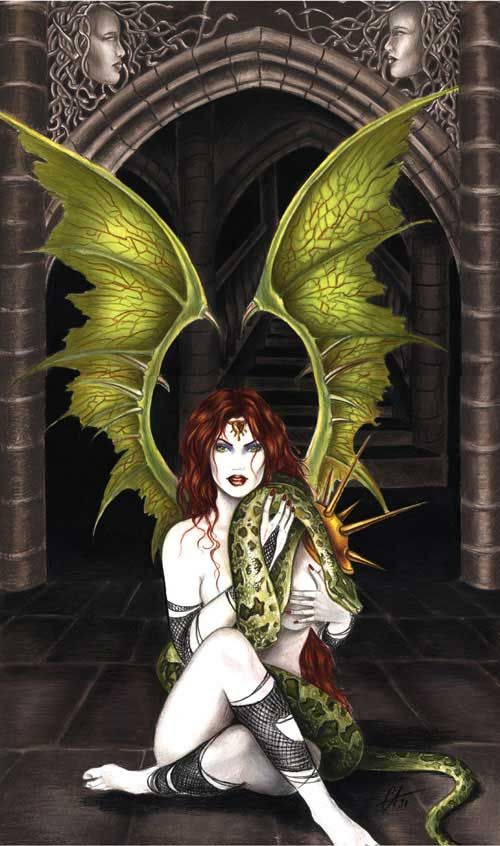 sexy winged woman with pet snake