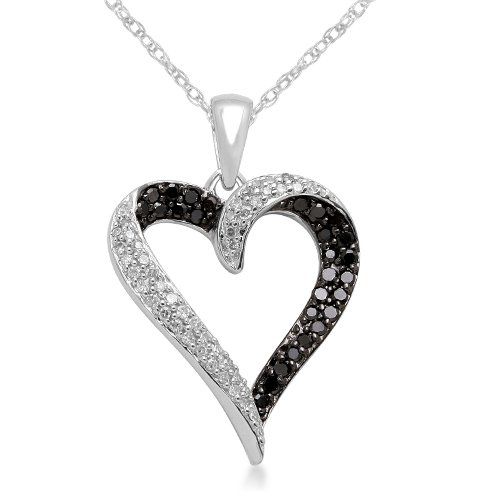10k White Gold Black and White Diamond Heart Pendant Necklace