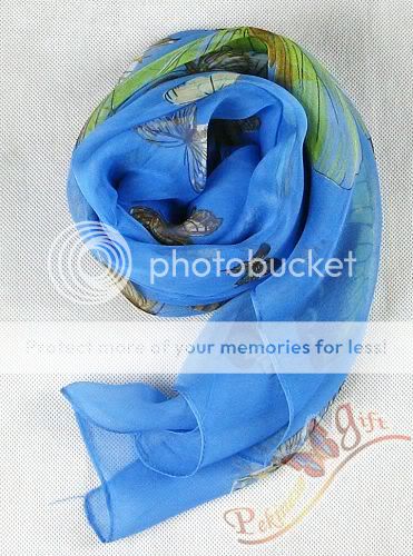 100% Oblong Silk Scarf Art Painting Butterfly Cool blue  