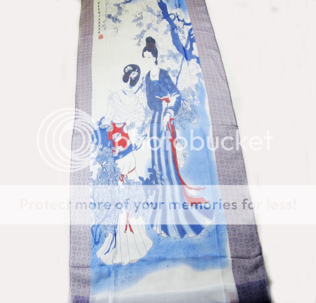 Blue Edge Oblong Silk Scarf Ancient Chinese painting  