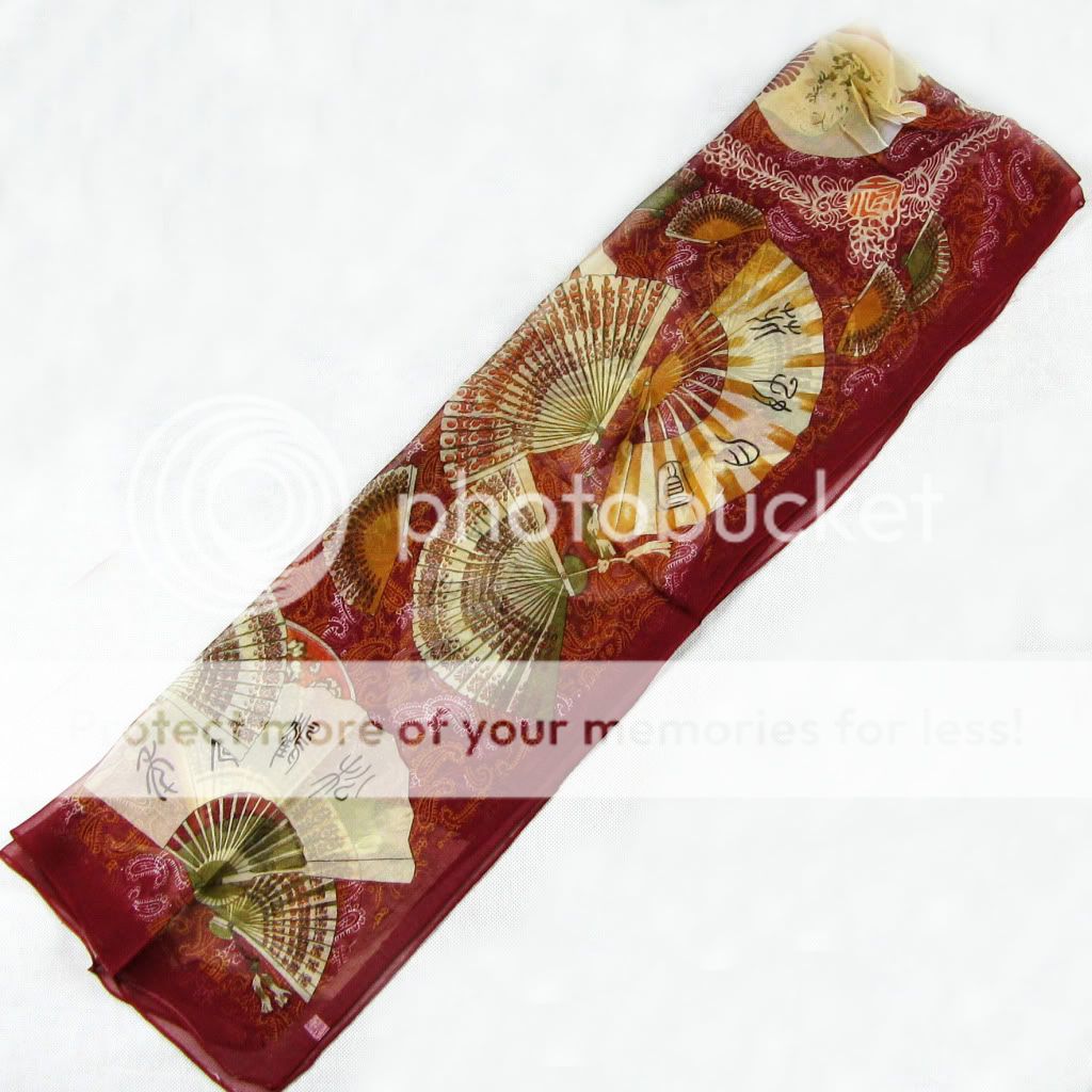 New Dark Red Oblong Silk Scarf Art painting with Fans  
