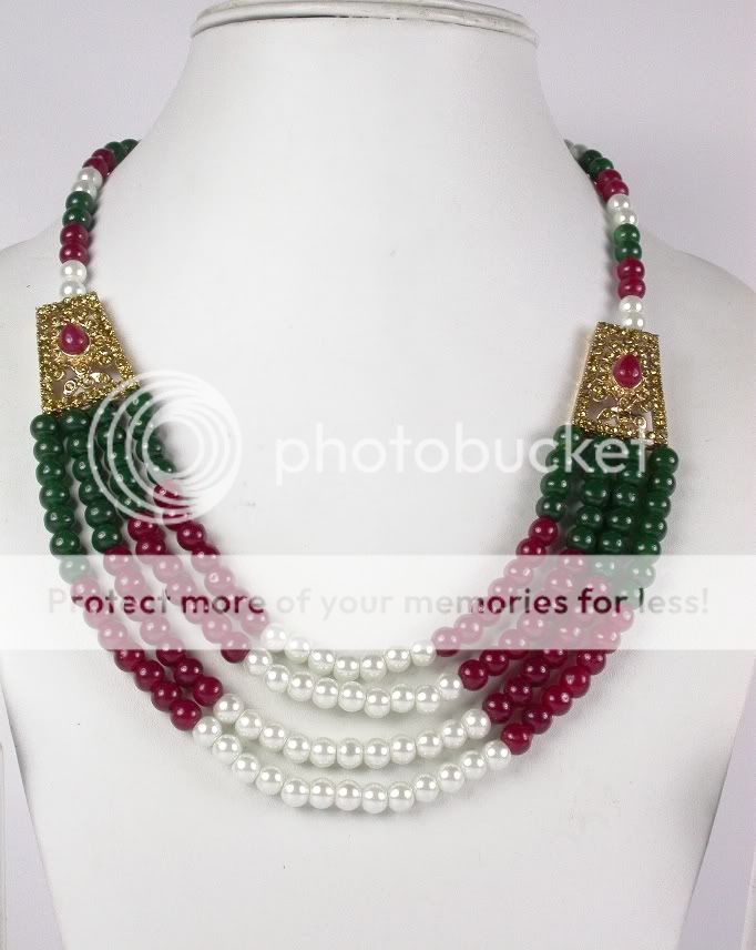 DESIGNER FAUX RUBY EMERALD PEARL 4 ROW NECKLACE EARRING  